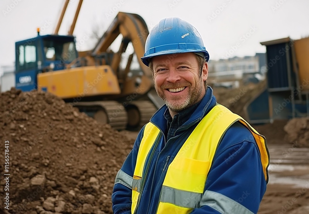 Photo of a smiling construction worker wearing high-visibility gear, working on an industrial site. Photo of a smiling construction worker wearing high-visibility gear, working on an industrial site.
