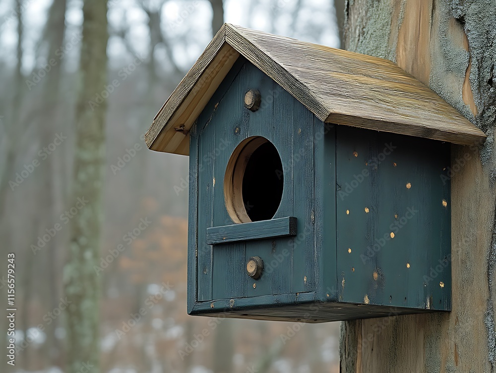 Dark Green Wooden Birdhouse On Tree Trunk In Woods Dark Green Wooden Birdhouse On Tree Trunk In Woods