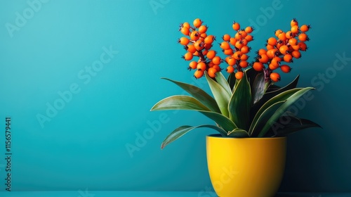 Vibrant Schubert Aechmea Bromeliad in yellow pot with orange berries against teal background ideal for gardening or home decor themes photo