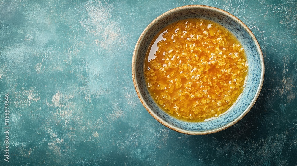 Bowl of cornflakes drizzled with sweet jaggery syrup on textured surface showcasing a healthy festive meal with space for text Bowl of cornflakes drizzled with sweet jaggery syrup on textured surface showcasing a healthy festive meal with space for text
