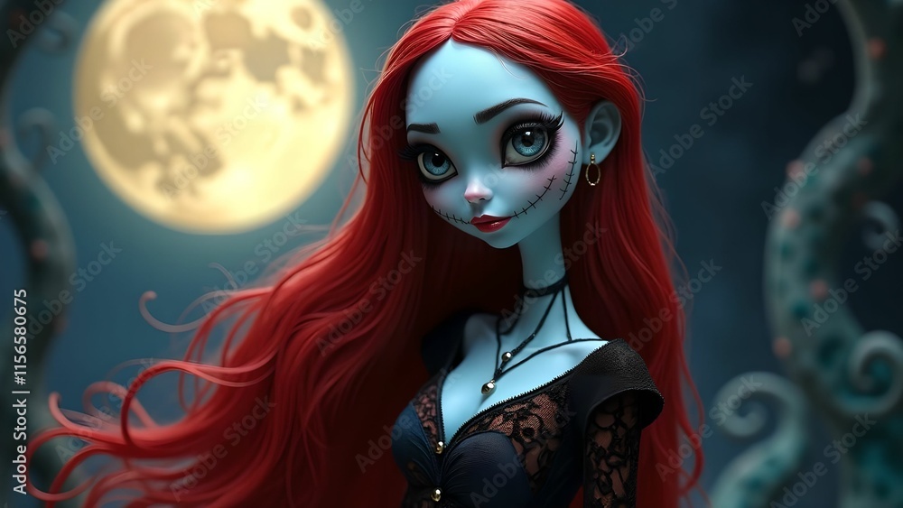 Obraz premium Cartoon character girl doll with red hair at night on the background of the moon