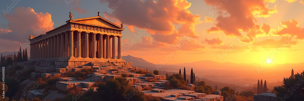 Fototapeta premium A panoramic wallpaper of an ancient Greek temple at sunset, painted in a classic oil painting style with rich golden hues and intricate stone textures.
