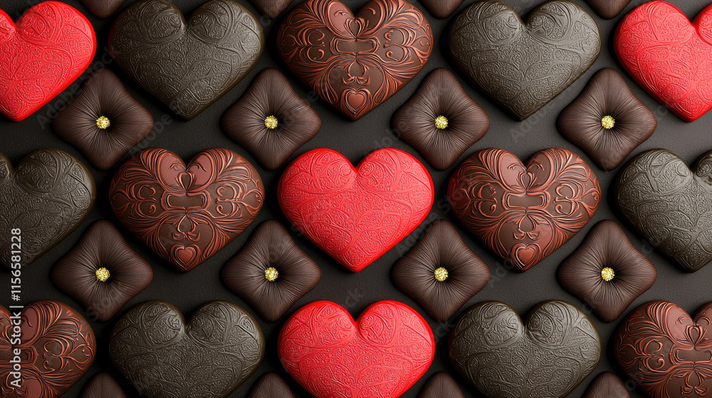 Obraz premium seamless Valentine Day background featuring intricately designed hearts in various colors, including red, brown, and dark tones, creating romantic and festive atmosphere
