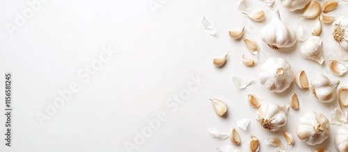 Organic Garlic Bulbs and Cloves on White Surface with Copy Space for Text Aesthetic Food Photography for Culinary Use and Advertising photo