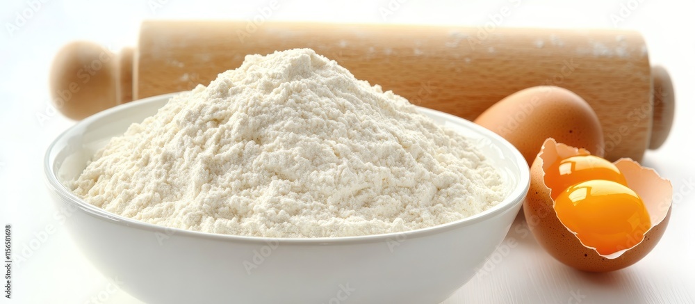 Baking ingredients featuring flour eggs and rolling pin on table with ample empty space for culinary text and recipe ideas Baking ingredients featuring flour eggs and rolling pin on table with ample empty space for culinary text and recipe ideas