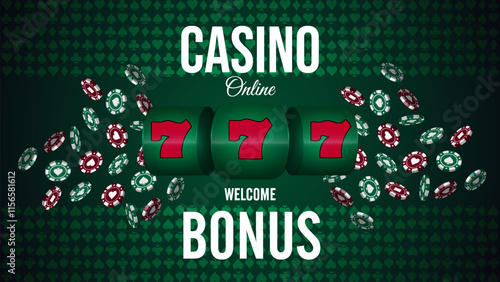 Casino online bonus poster, invitation banner with casino elements. Slot machine, poker chips on background of card suits. Vector illustration