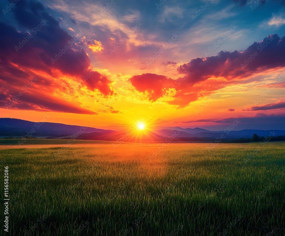 Cloudy wide landscape of open plains with sun in background and green meadow on the ground, blue clean sky nature view