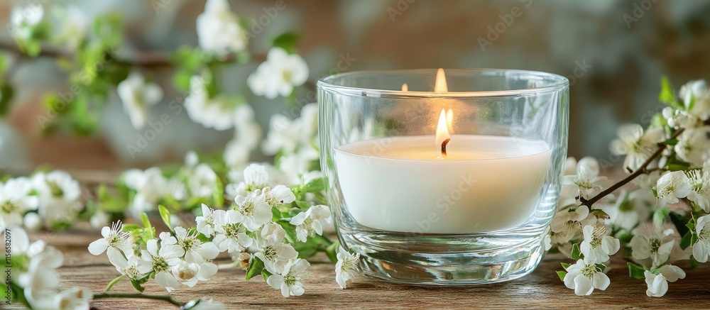 Serene candlelight with fresh white flowers elegantly arranged, creating a tranquil atmosphere and ample space for your customized text. Serene candlelight with fresh white flowers elegantly arranged, creating a tranquil atmosphere and ample space for your customized text.