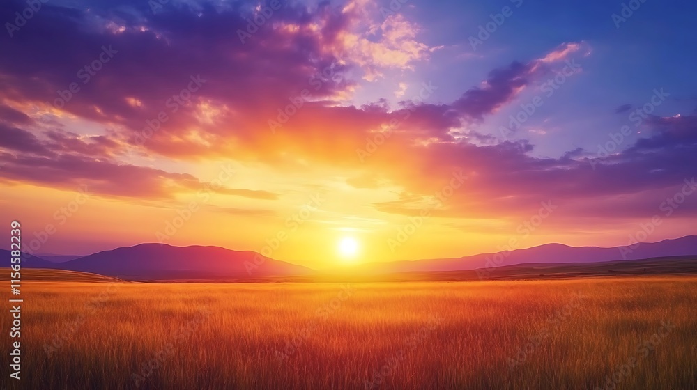 Fototapeta premium Cloudy wide landscape of open plains with sun in background and green meadow on the ground, blue clean sky nature view