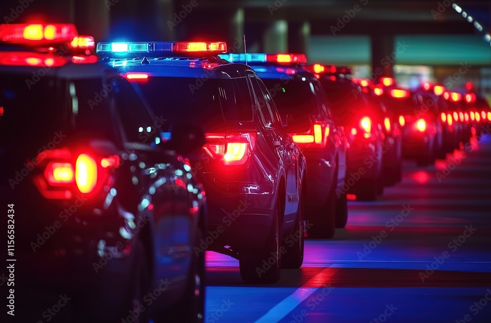 A line of police cars with flashing lights at an airport, ready to take action in the night. A line of police cars with flashing lights at an airport, ready to take action in the night.