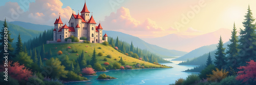 A panoramic wallpaper of an enchanting fairy tale castle on a hill, surrounded by a lush forest and a sparkling river, painted in a soft, dreamy pastel style with gentle light and whimsical details.

