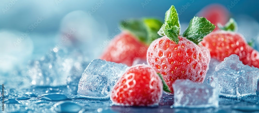 Summer Sweets Studio Close Up with Fresh Strawberries and Ice Cubes on Cool Blue Background Ideal for Promotional Text or Branding Summer Sweets Studio Close Up with Fresh Strawberries and Ice Cubes on Cool Blue Background Ideal for Promotional Text or Branding