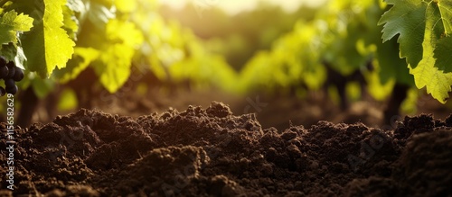 Close up view of vineyard soil with lush grapevines bathed in sunlight and space for adding custom text or messages. photo