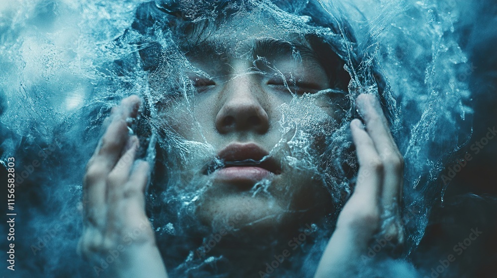 Fototapeta premium Frozen Face: A Crystalline Surreal Portrait