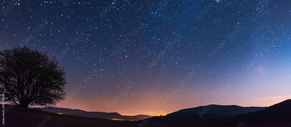 Starry Night Sky Over Mountains with Silhouetted Tree and Space for Text or Design Element in a Panoramic View Starry Night Sky Over Mountains with Silhouetted Tree and Space for Text or Design Element in a Panoramic View