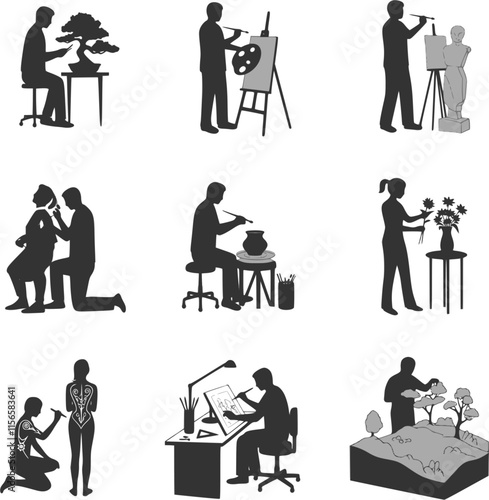 Creators. Silhouettes of various creative professions. Artistic work occupation