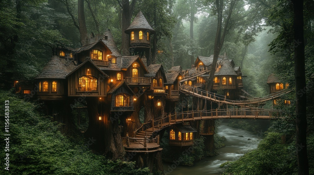 A whimsical treehouse village nestled in a lush forest, illuminated by warm lights. A whimsical treehouse village nestled in a lush forest, illuminated by warm lights.