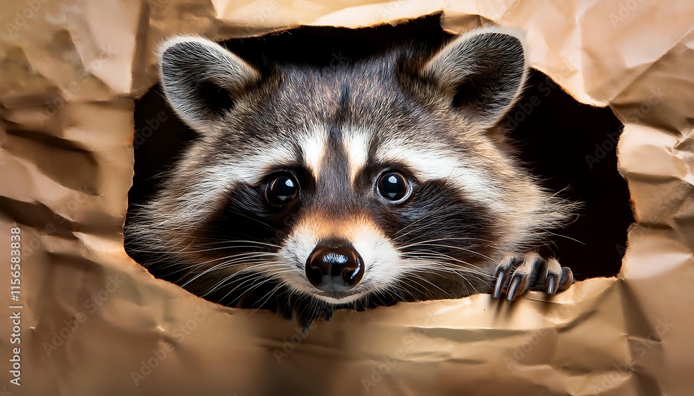 Obraz premium Mischievous Raccoon Peeking from a Torn Paper Bag