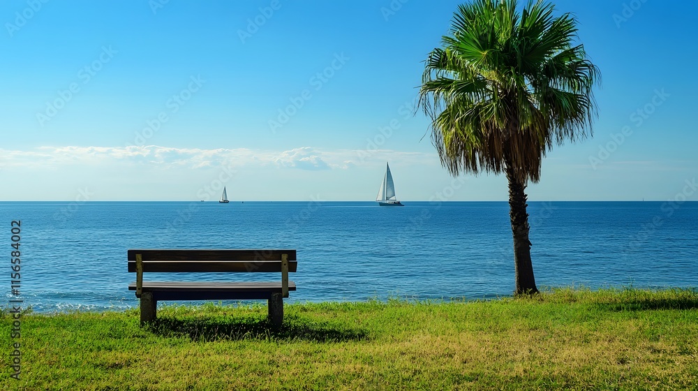 Tranquil Seascape Wooden Bench Palm Tree Sailboats Tranquil Seascape Wooden Bench Palm Tree Sailboats