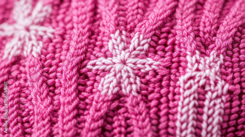 Horizontal seamless knitted pattern. Snowflakes and zigzags geometric shapes knitting. Pink style