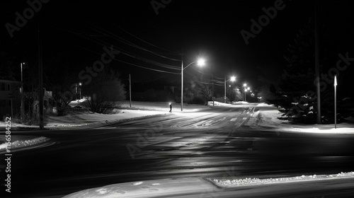Solitary figure walking down dark urban street at night with flickering streetlights, symbolizing power shortage, using flashlight as only source of light in the scene.