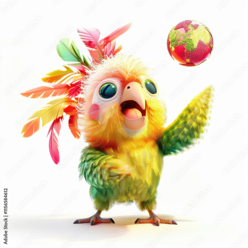 Funny parrot shows off its pride while playing with a colorful globe Funny parrot shows off its pride while playing with a colorful globe