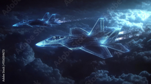 Hologram fighter. Holographic projection of the fighter. Flickering energy flux of particles. The scientific design of air aviation.