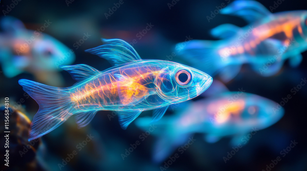 Fototapeta premium Hologram fish. A holographic projection of the fish. Flickering energy flux of particles. Scientific design animals.