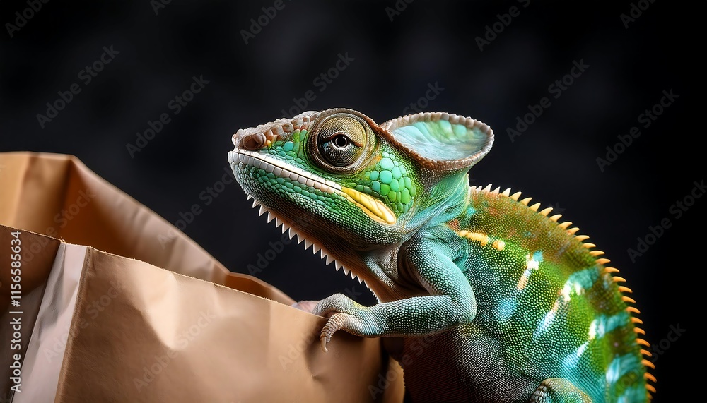 Obraz premium Hidden Colors: Vibrant Chameleon Emerging from a Paper Bag