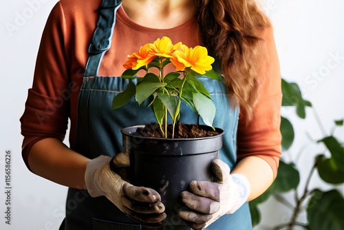 97 gardener with potted plant a cheerful gardener holds a bloomi photo