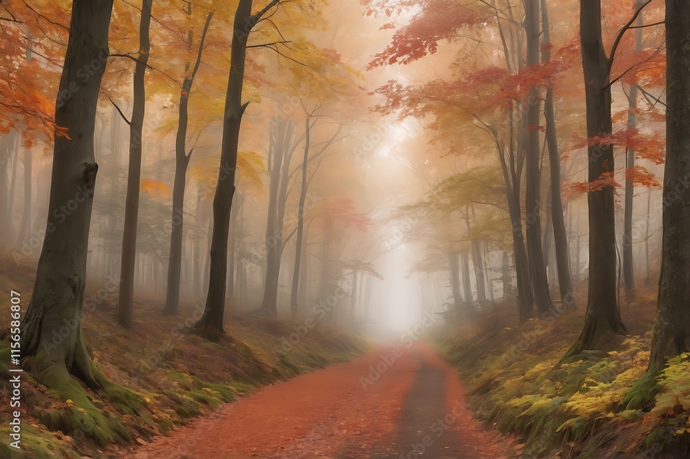 Fototapeta premium A natureal beauty of autumn alley with colorful leaves forming a tunnel