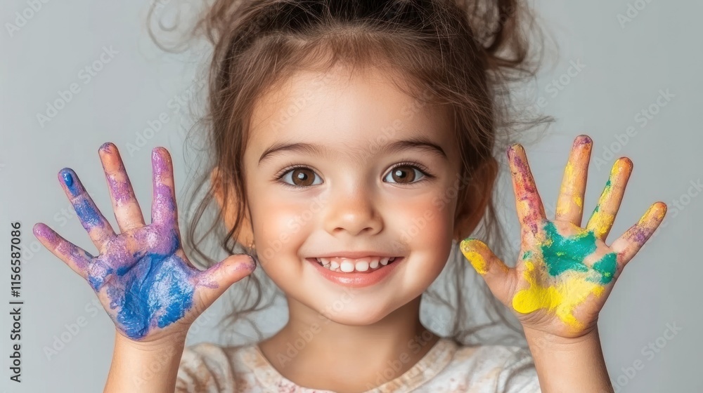 Colorful Hands of Joy: Smiling Little Girl Isolated on White Background Colorful Hands of Joy: Smiling Little Girl Isolated on White Background