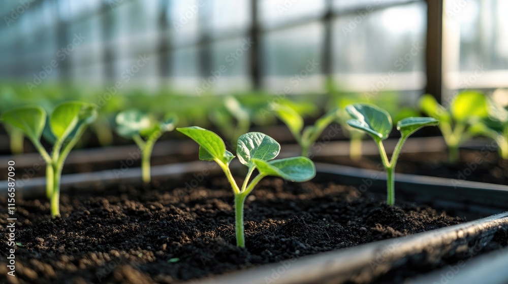Cucumber Seedlings Growing in Soil of Greenhouse with Sunlight and Blank Space for Text Organic Farming and Sustainable Agriculture Concept Cucumber Seedlings Growing in Soil of Greenhouse with Sunlight and Blank Space for Text Organic Farming and Sustainable Agriculture Concept