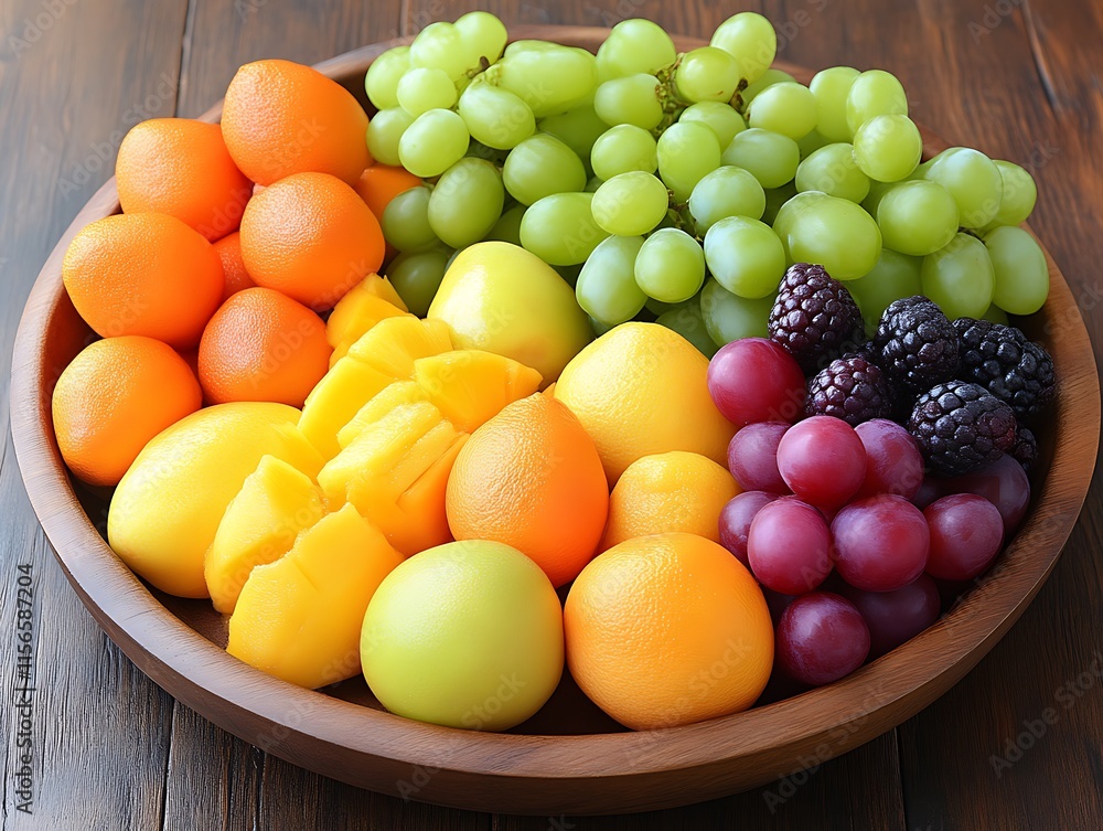 A Colorful Arrangement Of Fresh Fruit In A Wooden Bowl A Colorful Arrangement Of Fresh Fruit In A Wooden Bowl