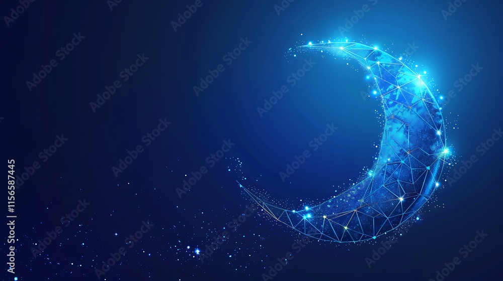 Fototapeta premium Glowing Crescent Moon Low Poly Art Blue Night Background