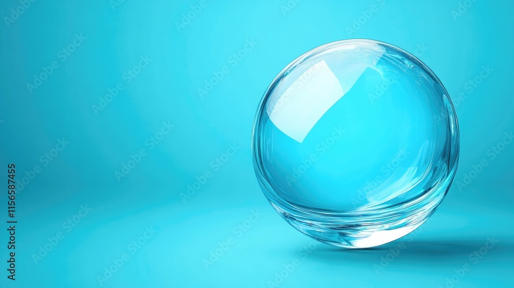Transparent crystal glass sphere on blue backdrop with copy space for branding or text placement in a modern design context. Transparent crystal glass sphere on blue backdrop with copy space for branding or text placement in a modern design context.