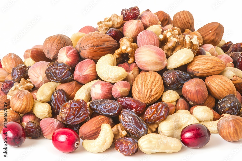 Assorted Nuts and Dried Fruits Displayed on a White Background