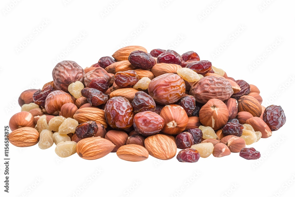 Variety of Nuts and Dried Fruits Piled on White Background Variety of Nuts and Dried Fruits Piled on White Background