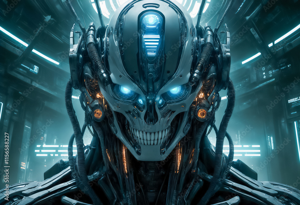 Fototapeta premium 宇宙船の中でサイボーグが青い目を光らせている,AI画像,Generative AI