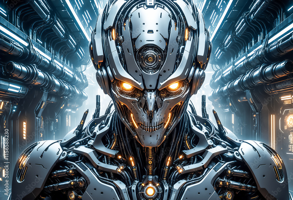 Fototapeta premium 宇宙船の中でサイボーグが金色の目を光らせている,AI画像,Generative AI