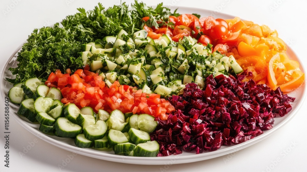 Fresh vibrant salad with assorted vegetables and herbs on a white plate showcasing a healthy lifestyle with copy space for text or ads Fresh vibrant salad with assorted vegetables and herbs on a white plate showcasing a healthy lifestyle with copy space for text or ads
