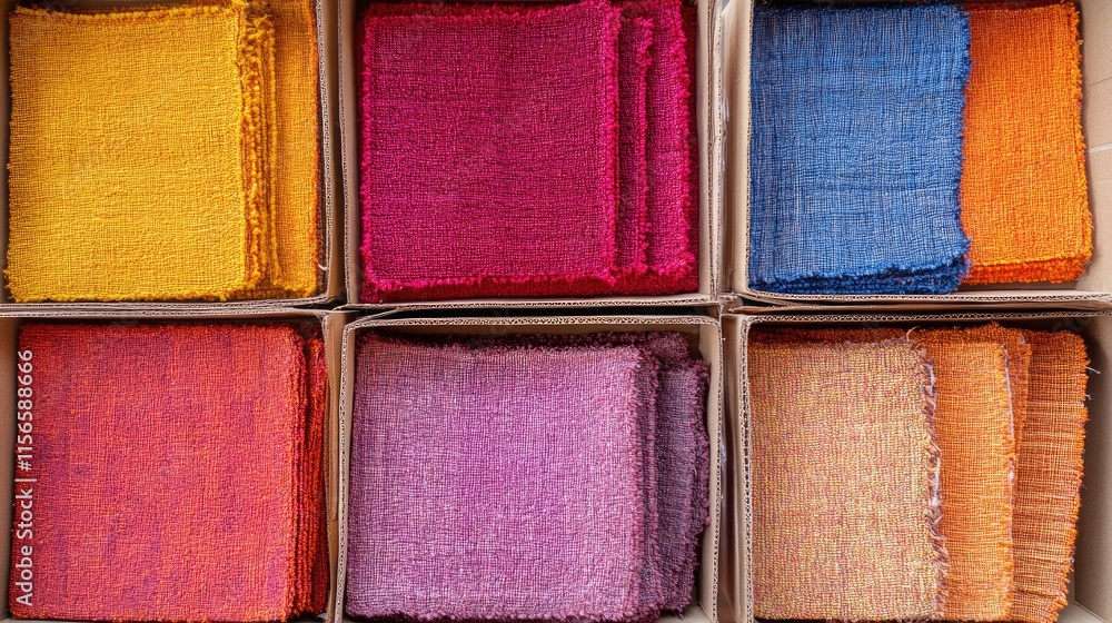 Fototapeta premium Colorful saffron mats neatly organized in cardboard boxes with ample empty space for text or design elements