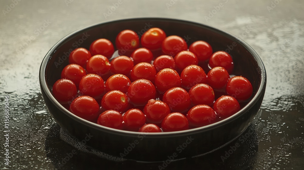 Fresh cherry tomatoes in a wet basin ready for cooking with ample space for text placement and a vibrant, appetizing appearance Fresh cherry tomatoes in a wet basin ready for cooking with ample space for text placement and a vibrant, appetizing appearance