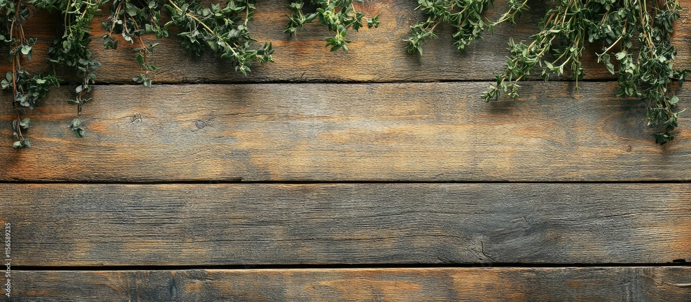 Fototapeta premium Freshly harvested garden herbs on rustic wooden table creating a natural background with ample space for text and design elements
