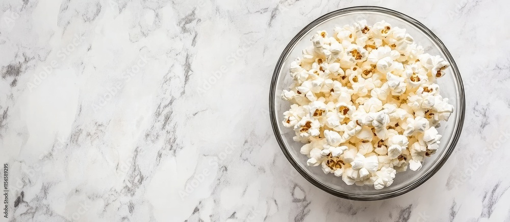 Freshly popped popcorn in a transparent bowl on a light marble background with space for promotional text or branding elements Freshly popped popcorn in a transparent bowl on a light marble background with space for promotional text or branding elements