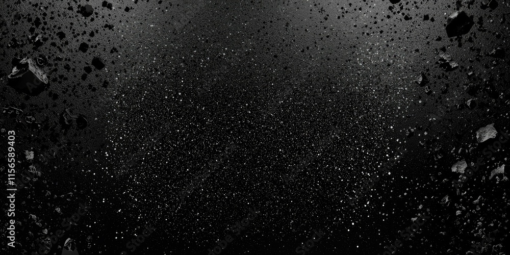 Dark space background with asteroid field.