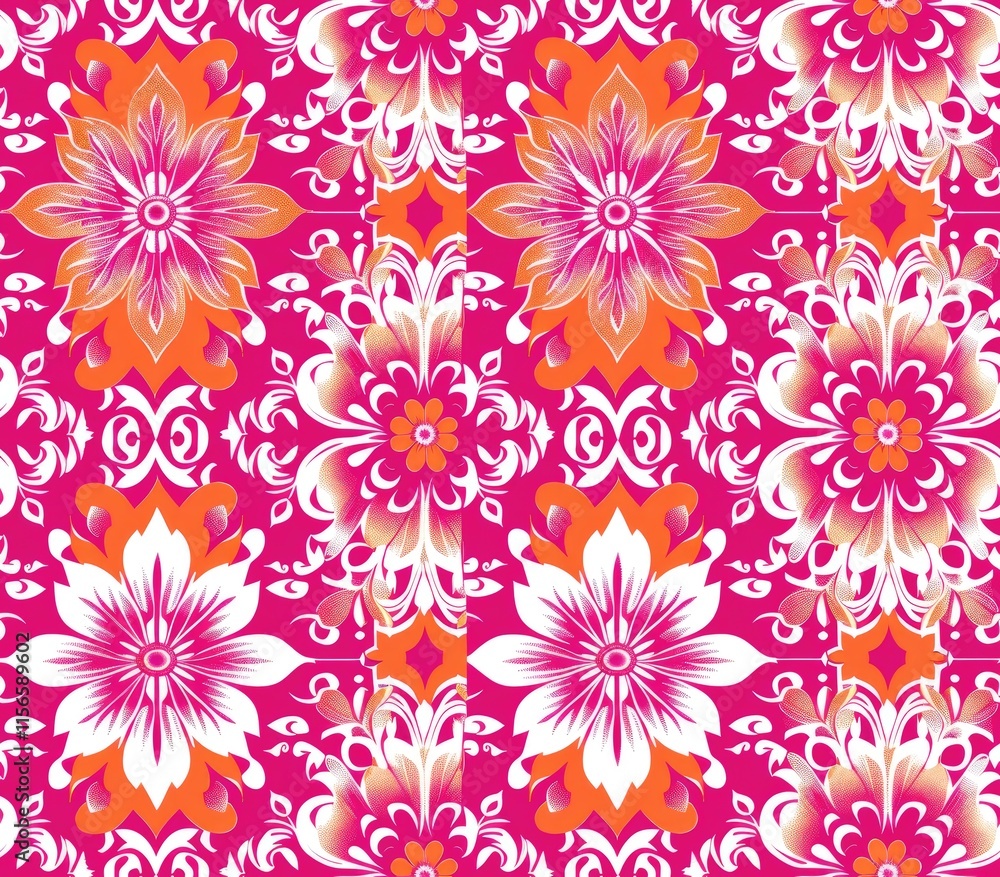 A vibrant floral pattern featuring large flowers and intricate designs in pink and orange hues. A vibrant floral pattern featuring large flowers and intricate designs in pink and orange hues.