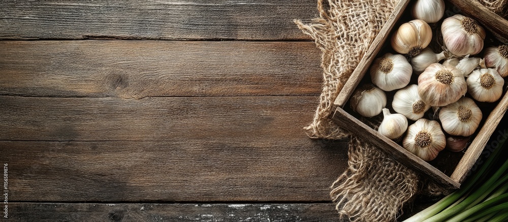 Freshly harvested garlic bulbs in a wooden crate with rustic background and empty space for text or branding opportunities Freshly harvested garlic bulbs in a wooden crate with rustic background and empty space for text or branding opportunities