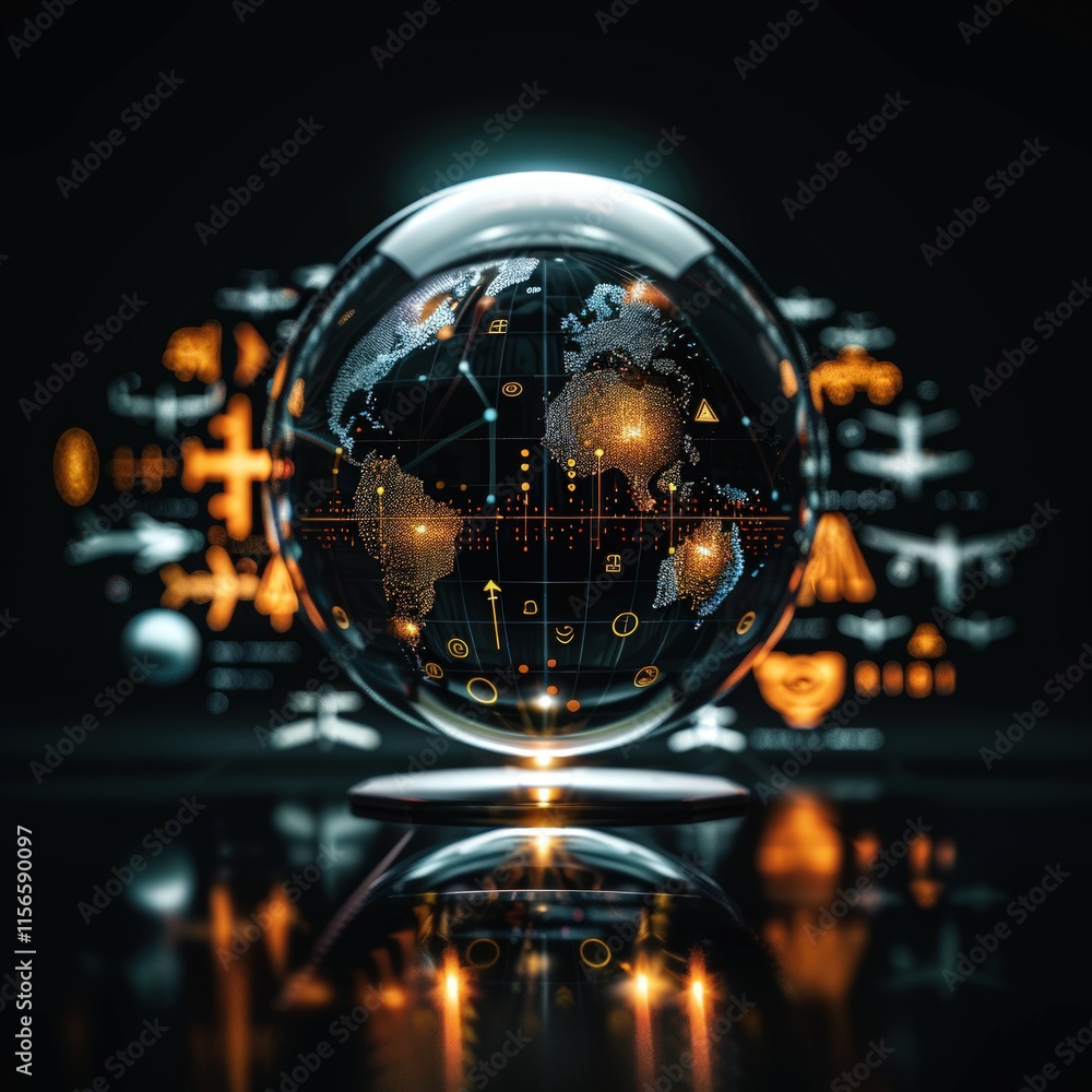 Futuristic crystal globe displaying global air traffic and interconnectedness. Futuristic crystal globe displaying global air traffic and interconnectedness.
