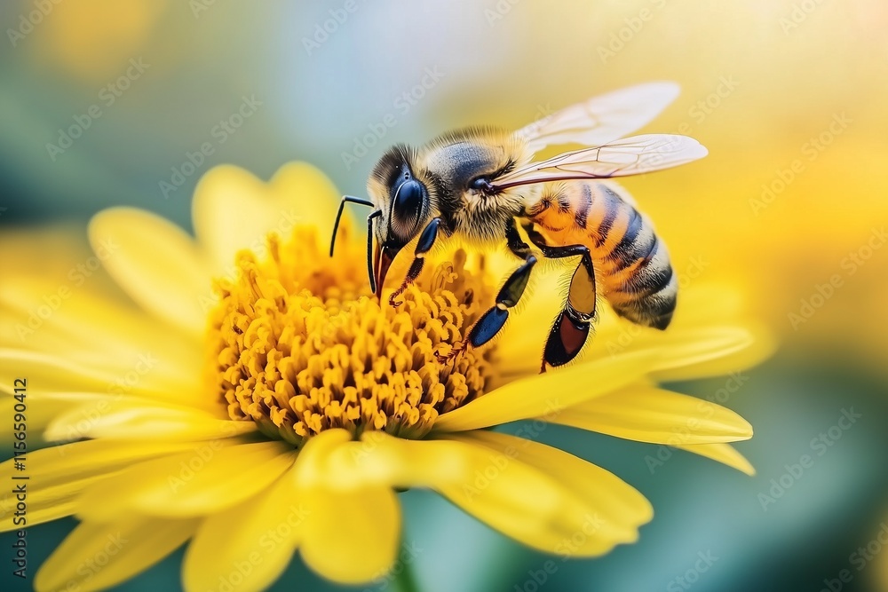Bee Sucking Nectar from Yellow Chrysanthemum Flowers in an Autumn Garden – Nature's Pollination Scene Bee Sucking Nectar from Yellow Chrysanthemum Flowers in an Autumn Garden – Nature's Pollination Scene